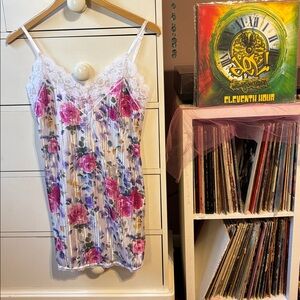 Vintage 80’s Cottagecore Printed Floral Colorful Slip Dress Lace Mini Small Cute